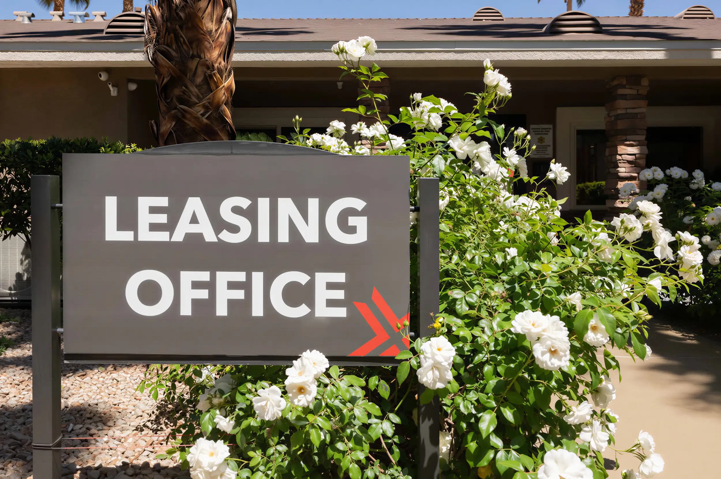 Amara Spring Valley leasing office sign surrounded by landscaped white flowers